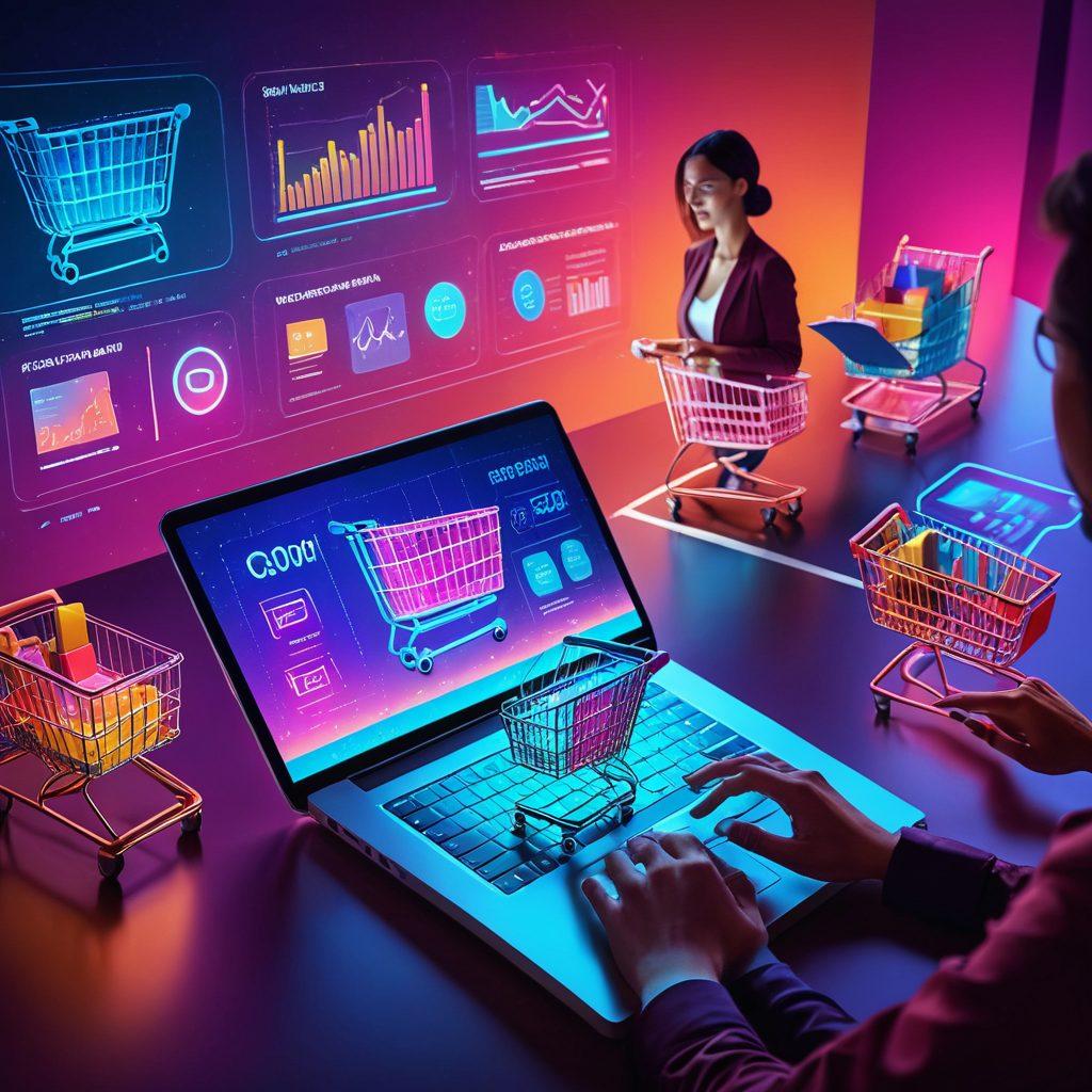 A modern digital marketplace bustling with activity, featuring elements like online shopping carts, digital transactions, and analytics charts. Include a diverse group of people using various devices to shop online and analyze data. Incorporate vibrant colors to highlight interactivity and dynamism. futuristic style. vibrant colors.