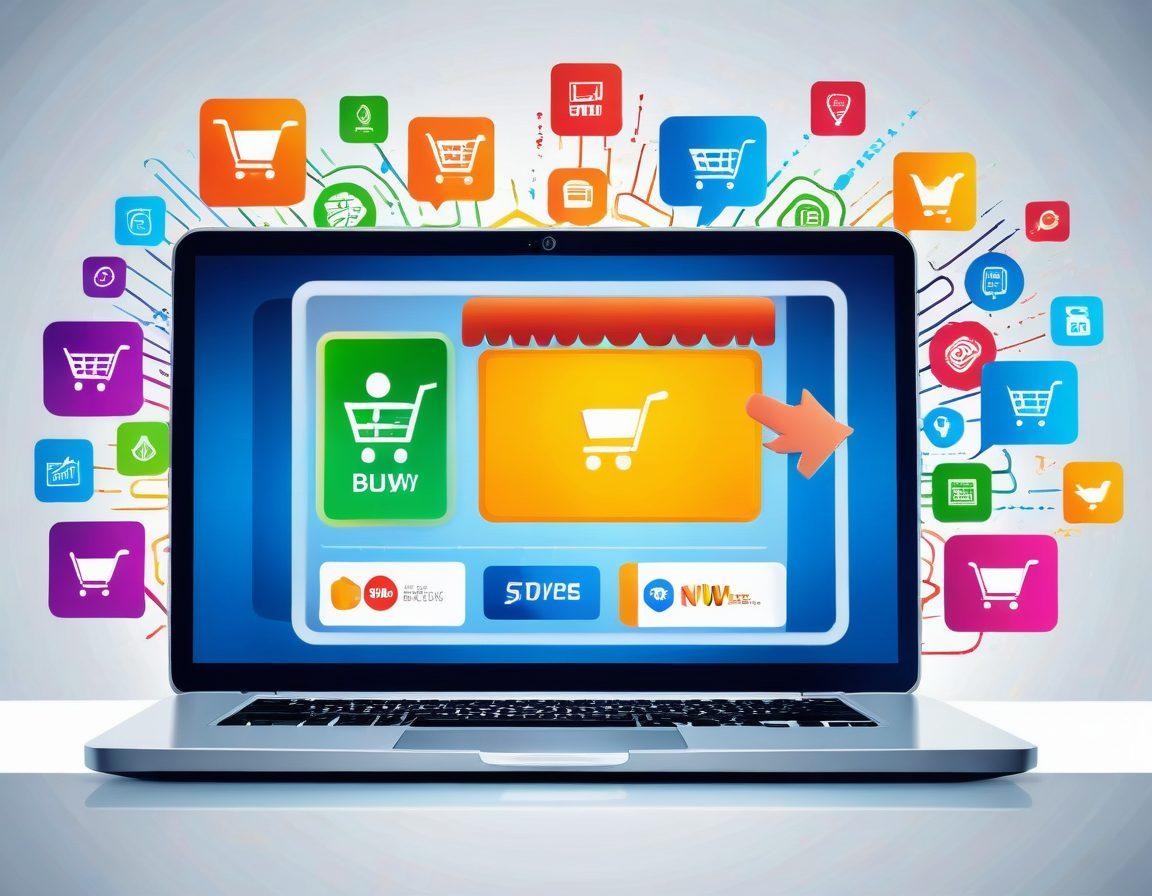 A dynamic scene of a person clicking a 'Buy Now' button on a laptop screen, surrounded by digital shopping icons like shopping carts, credit cards, and delivery trucks, with a background hinting at a secure and user-friendly website interface. Include glowing effects around the 'Buy Now' button to emphasize action. vector art. vibrant colors. white background.