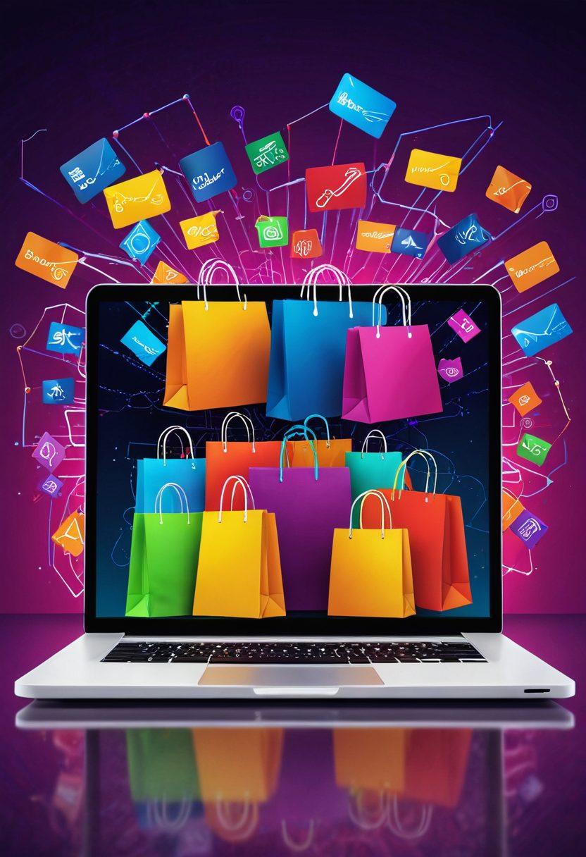 A stylish laptop displaying a vibrant e-commerce website, surrounded by shopping bags, credit cards, and virtual icons like shipping, discounts, and reviews. The background features an abstract digital network representing seamless online connectivity and commerce. sleek design. vibrant colors. modern digital art style.